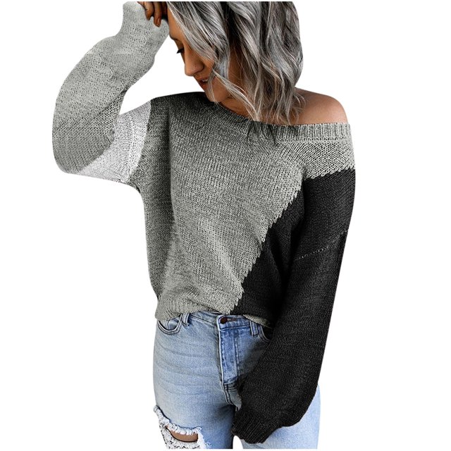 Pompotops Women's Autumn Loose Pullover Long Sleeve Round Neck Color Matching Sweater Top