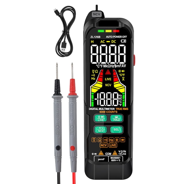 TFixol Multimètre Intelligent Compact avec Détection NCV, Véritables RMS, Mesure de Fréquence et Lampe de Poche Intégrée (ZL126B, 6000 Unités, Batterie Rechargeable 1000 mAh Incluse)