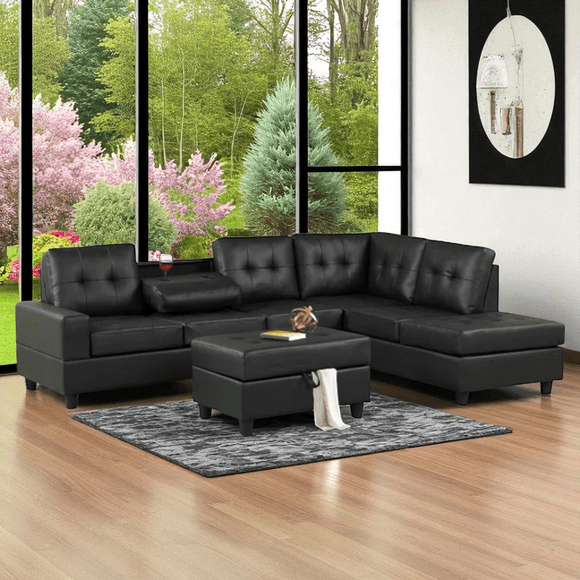 Cosmic Homes Marcel Leather Upholstered Sectional Sofa with Reversible Chaise & Storage Ottoman – Black