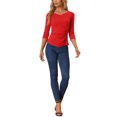 thumbnail image 2 of INSPIRE CHIC Women's V Neck 3/4 Sleeves Solid Knitted Buttons Decor Ruched Top Red L, 2 of 5