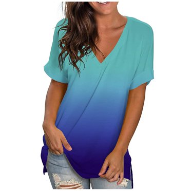 Meichang T-Shirts à Manches Courtes pour Femmes Col en V Tops d'Été Dégradé T-Shirt à Manches Courtes Ample Décontracté Graphique