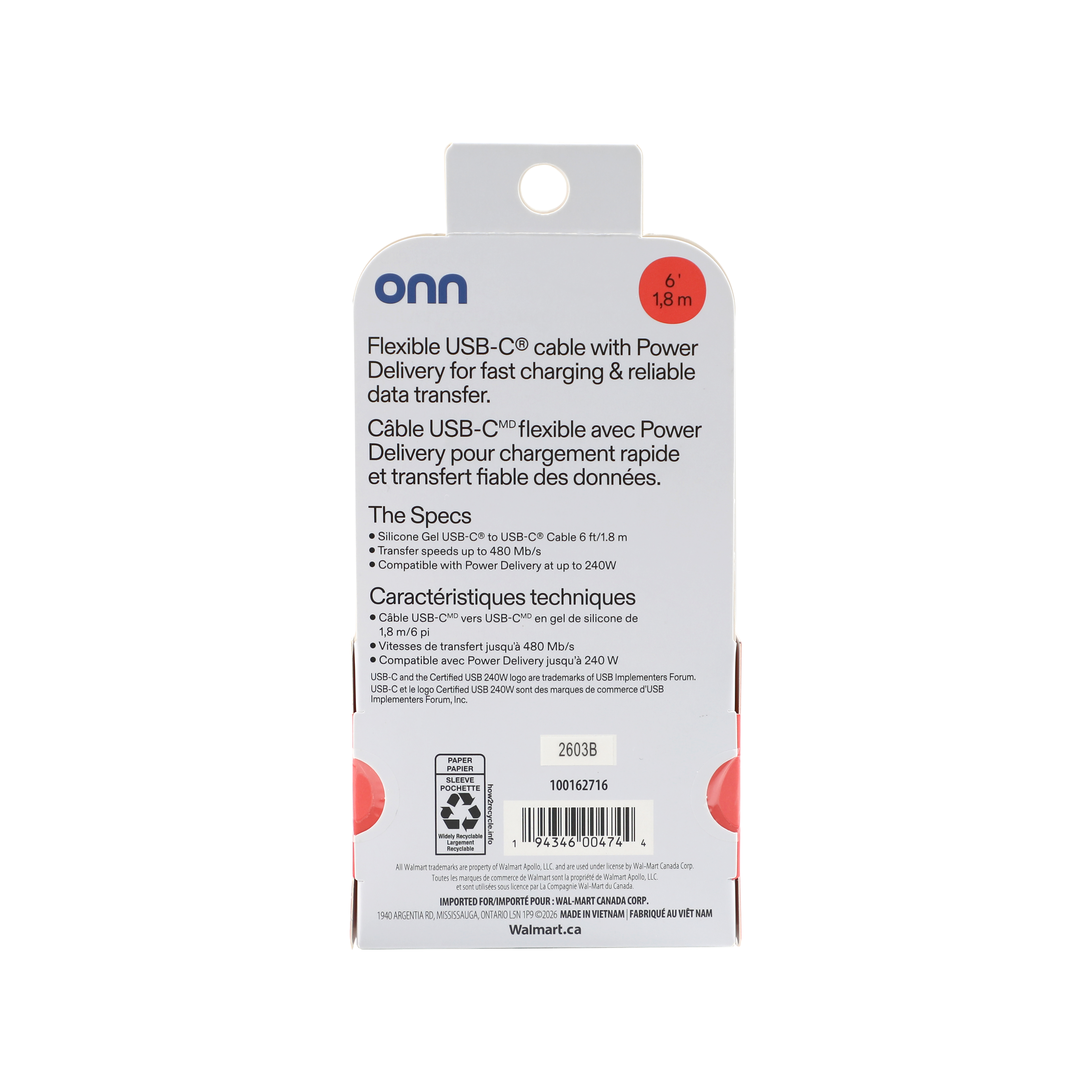 Câble Onn 1,8 m (6 pi) flexible USB-C vers USB-C avec charge rapide et alimentation Power Delivery - Gris