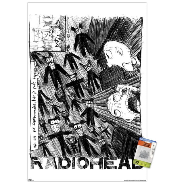 Radiohead - Affiche Murale à Gribouillis, 14,725 Pouces x 22,375 Pouces Encadrée Présentant une Croquis Abstrait Noir et Blanc de Figurines Humanoïdes avec de Larges Bouche Souriantes et des Dents Tranchantes Entourant Deux Grands Visages Expressifs, l'Un Criant et l'Autre Neutre, avec Texte Manuscrit à Gauche et Radiohead en Gras au Bas, Convient à la Déco Murale dans les Chambres, Bureaux Ou Dortoirs.