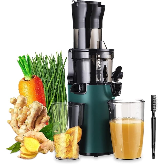 Inkbirdplus 200W Compact Slow Juicer Machine with an 800ml capacity and 3.1-inch wide chute. The multicolour electric cold press juicer is shown with a green base and black top, accompanied by fresh produce like carrots, ginger, and greens. Includes a juice cup, pulp container, and cleaning brush. Designed for slow masticating to retain nutrients, it features BPA-free materials, a reverse function to prevent clogging, and operates at a low noise level of 55dB.