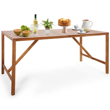 Costway Patio Rectangle Acacia Wood Dining Table Spacious Slatted Top Up to 6 Outdoor