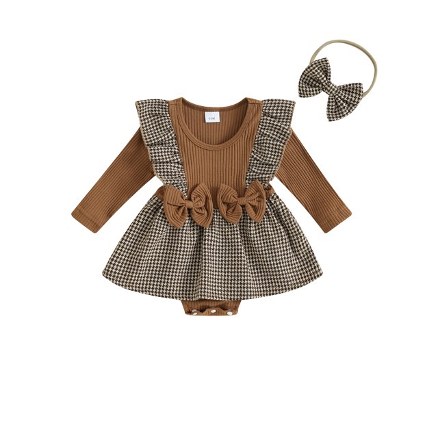 Gupgi Nouveau-Né Bébé Filles Automne Robe Romper Bébé à Manches Longues Houndstooth Impression Patchwork Combinaison Bandeau