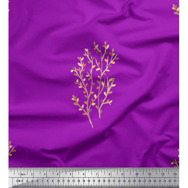 Soimoi Purple polyester Crepe Fabric Artistic Leaves Decor Fabric Printed Yard 52 Inch Wide