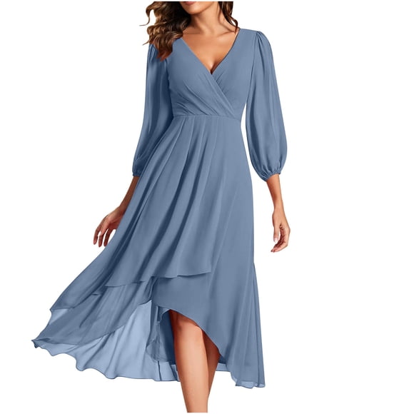 Cocktail Dresses for Women Wedding Guest Chiffon Zipper Pleated A-Line Mid Length Wedding Dress with Long Sleeve And V-Neck Dress