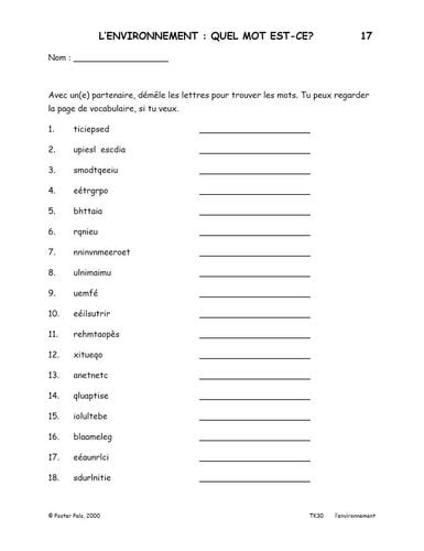 Activités reproductibles en français pour la classe de FLS sur l’environnement