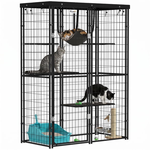 PawHut Catio Outdoor Cat Enclosure, Metal Cat Cage with Cover, 4 Platforms