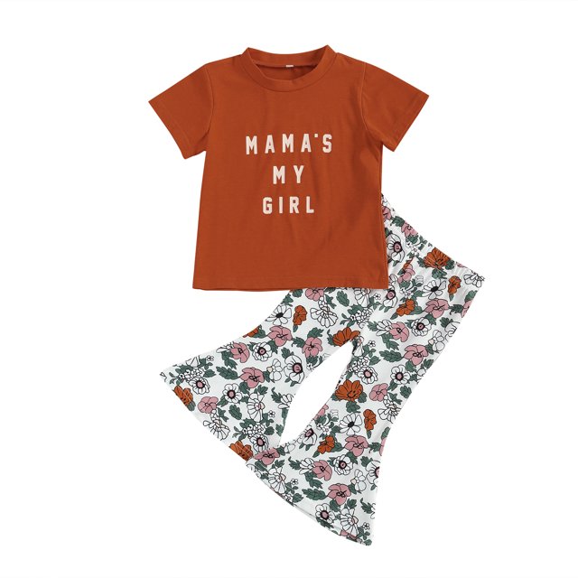 goowrom Little Girls Short Sleeve Letter Top, Printing Flared Trousers Set