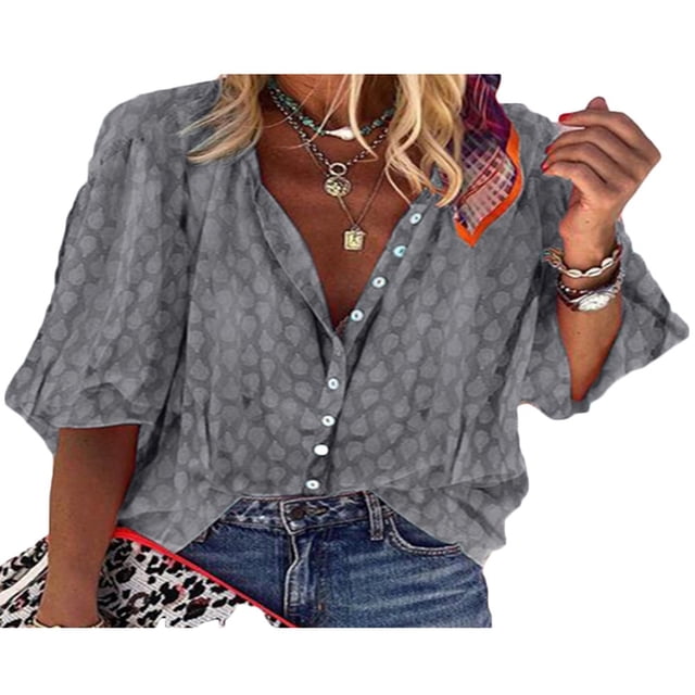 Plus Size V Cou Manches 3/4 Bouton Bas Casual Floral Tops