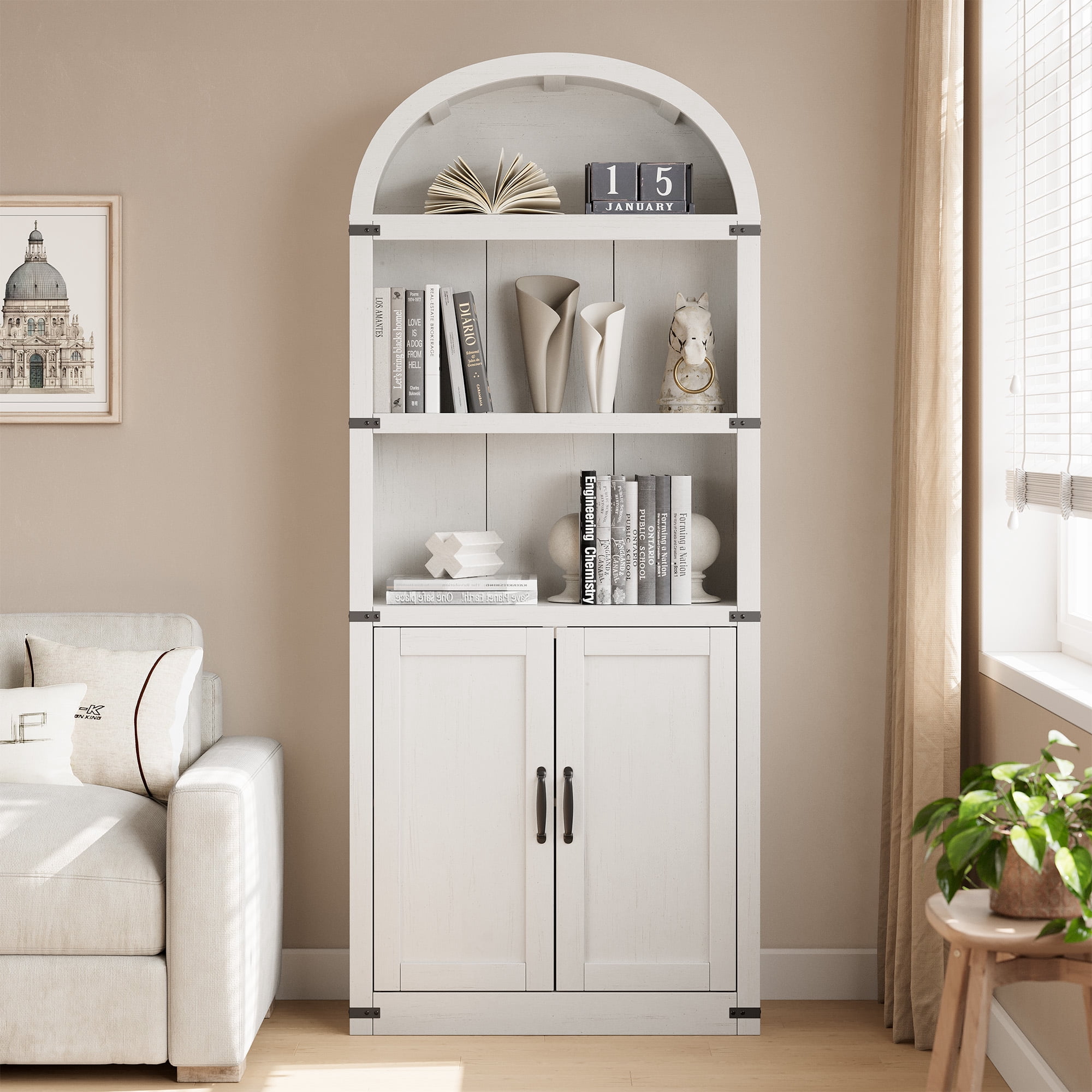 71" Tall Wooden Bookshelf, Large Open Display Bookcase with Ample Storage, Floor Standing Book Shelf for Living Room, Home Office, Bed Room（Antique White，2-door model）