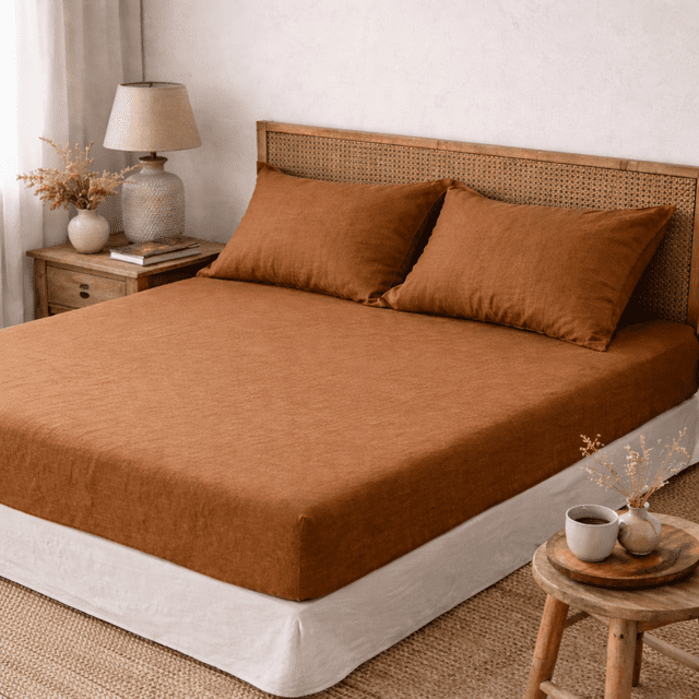 Q VITA 100% Linen Fitted Sheet Set – Queen Size, 3-Piece Bedding with Deep Pocket Fitted Sheet & Pillowcases – Cinnamon Color, Enzyme Washed, Soft, Breathable, OEKO-TEX Certified, Designed in Canada