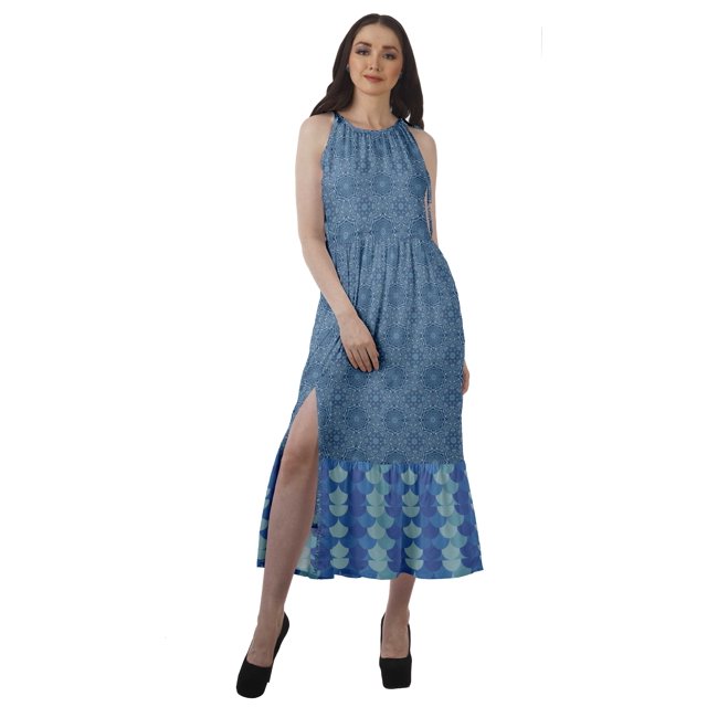 Moomaya Robe Longue Imprimée pour Femmes, Fente avant, Aguichant, Sans Manches, en Rayonne, Robe de Mariage