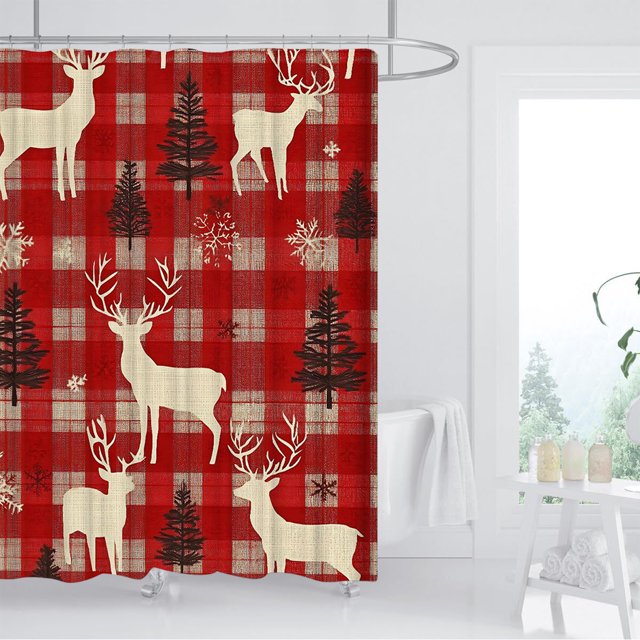 Fmbmuo Crochets de Rideaux de Douche de Noël Rouges en Nylon, Décorations en Spandex, Rideau de Douche Style Ferme avec Renne 1 Pcs