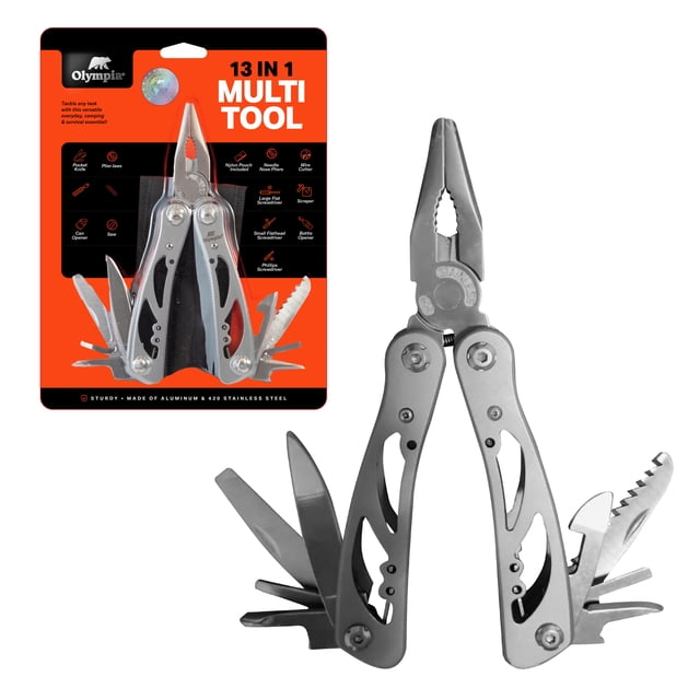 Olympia Multitool 13 Functions – Silver showing a compact stainless steel multitool with needle-nose pliers, wire cutter, knife blades, flathead and Phillips screwdrivers, can and bottle openers, and a file, displayed fully open with all tools extended, alongside its orange and black retail packaging highlighting its 13-in-1 functions ideal for camping, hiking, and quick home repairs.