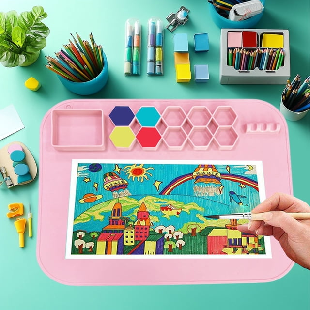 Silicone Painting Mat, Reusable Art Drawing Board For Paint And Modeling Clay, Washable Graffiti Activity Pad, Built In Storage Compartments, Portable Creative Craft Surface