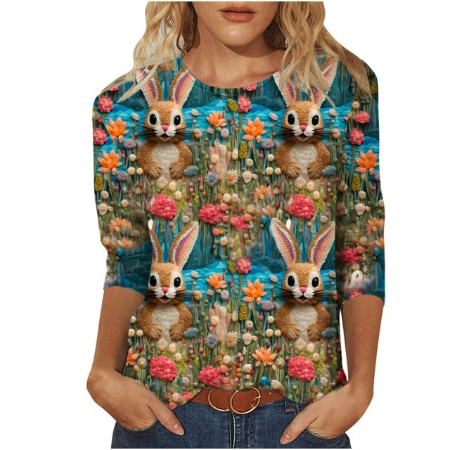 RKSTN Womens Tops Casual Fashion Cute Easter Bunny Printed 3/4 Sleeve Round Neck Tops Spring Summer 3D Printed Ruched Pullover Blouse Tops