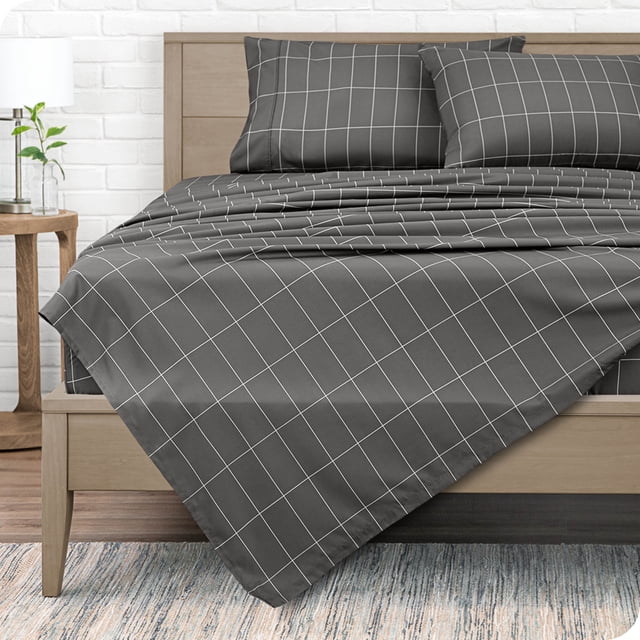 Bare Home Ultra-Soft Sheet Set - Premium 1800 Collection - Deep Pockets - 3-Pieces - Twin, Grid - Gray/White