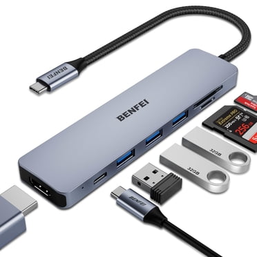 BENFEI Concentrateur USB-C 7-en-1, HDMI, 3x USB 3.0, SD/TF, PD 60 W, Gris
