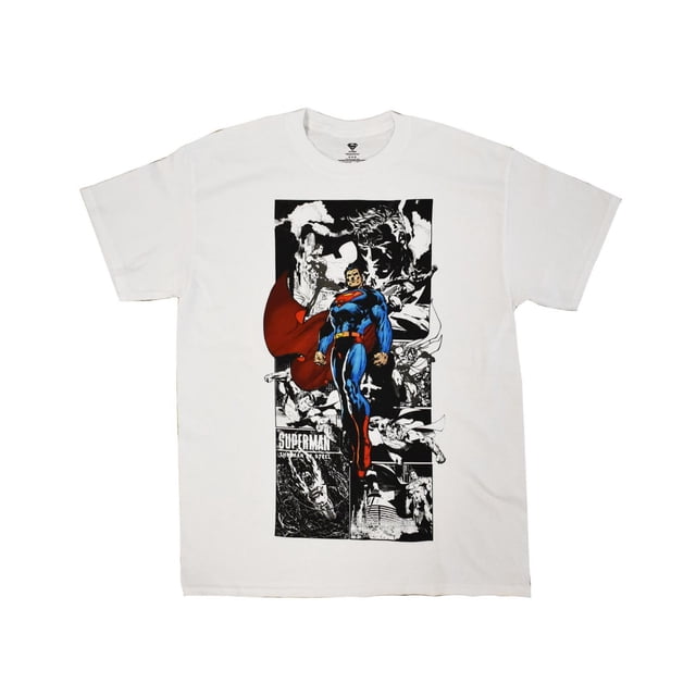 Men's Superman Panels T-Shirt white colour, front-facing graphic tee showing large multi-panel Superman illustration across the chest, central figure finished in raised HD gel and surrounding panels in black metallic ink; a fan layering piece often used for comic conventions.