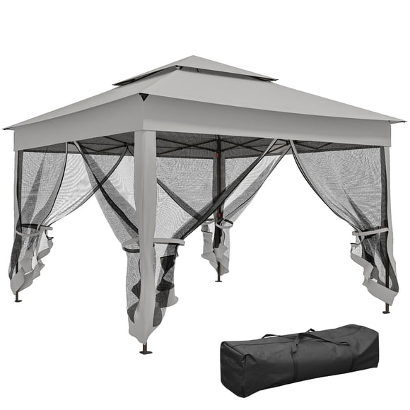11'x11' Pop Up Canopy 2-Tier Soft Top Gazebo w/ Mesh Netting, Light Grey
