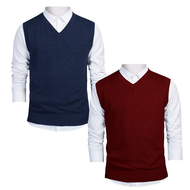 TOPTIE 2 Pack Window Clerk Sweater Vests For Men, Work Uniform Cotton V-Neck Sweater Vests-NAVY WINERED-S