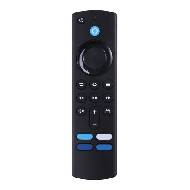 For Amazon Fire TV Stick 3rd Gen Plastic Smart TV Remote Control with Voice Control TV Controller. A black replacement remote control made of ABS material with a compact design measuring 140x40x20mm. Features include voice control, infrared wireless communication, and compatibility with Fire TV Stick (3rd Gen), Fire TV Stick Lite, Fire TV Stick 4K, and Fire TV Cube (1st Gen and later). The remote has a circular navigation pad, multiple function buttons, and blue-highlighted shortcut keys. Requires 2 AAA batteries (not included).