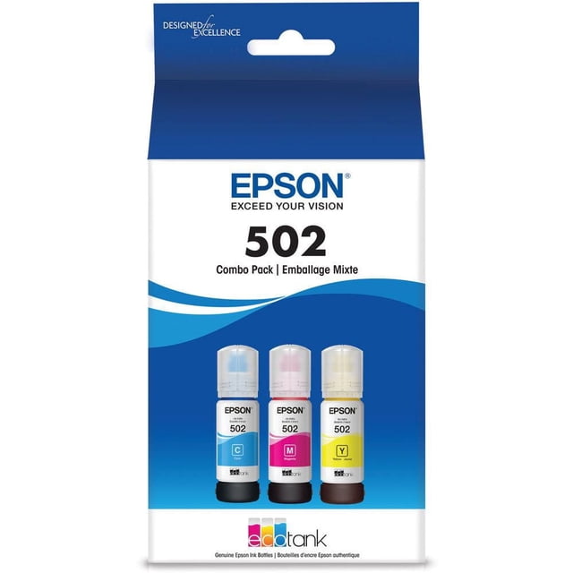 Epson T502 Dye Color Combo Ink Bottle pack featuring three original ink-jet ink bottles in cyan, magenta, and yellow, displayed in front of a white and blue retail box with Epson and Ecotank branding, suitable for low-cost replacement ink for Epson Expression and WorkForce printers.