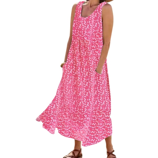 MAWCLOS Robe Évasée pour Femme Col Rond Été Plage Robe d'Été Sans Manches Longue Robe Maxi Hawaïenne Vacances Imprimé Floral Rose TG