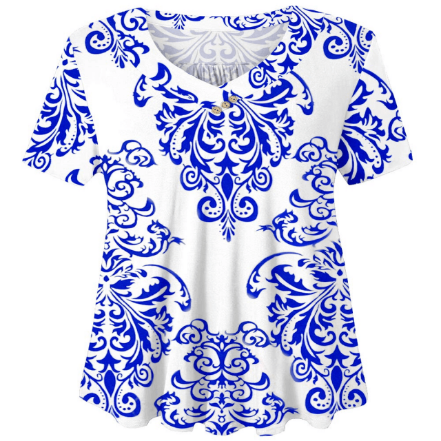 Woman Plus Size Short Sleeve Floral Blouses Henley T-Shirts V Neck Button Tunic Tops M-4xl