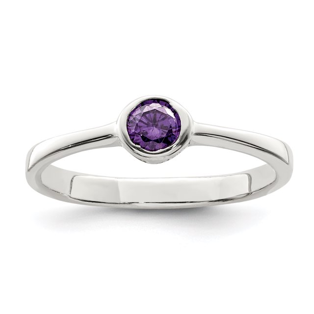 925 Sterling Silver Purple Round Bezel Cubic Zirconia Ring