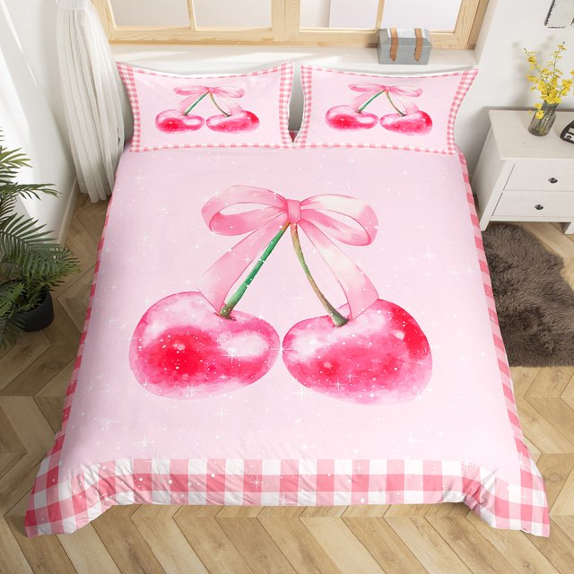 Erosebridal Housse de Couette à Nœud Rose pour Enfants Filles, Ensemble de Literie Style Princesse de Rêve Double, Ensembles de Lit Réversibles à Nœud Cerise Rose, Housse de Courtepointe à Carreaux Rustique avec 2 Taies d'Oreiller en Microfibre (Sans Couette)