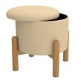 thumbnail image 3 of Mid-Century Modern Fabric and Wood Round Storage Ottoman - Beige and Natural, 3 of 7