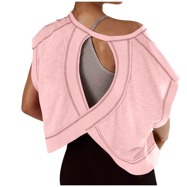 Amzcrzy Hauts pour Femmes Tendance Couleur Unie Hauts de Printemps Été pour Femmes Décontractés Manches Courtes Col Rond T-Shirts Dos Découpé Confortables Hauts de Sortie