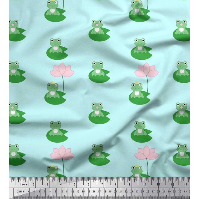 Soimoi Rayon Fabric Lotus & Frog Kids Print Sewing Fabric Yard 42 Inch Wide