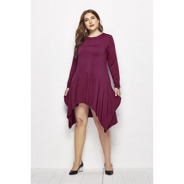 U.Vomade Women's Fall Plus Size Dress Solid Color Round Neck Long Sleeve Pocket Dress