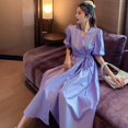 thumbnail image 3 of Violet A-Ligne Robes pour les Femmes de Mode Doux V-Cou Puff Manches Robe Femme Envelopper la Taille Haute Robe Fendue, 3 of 9