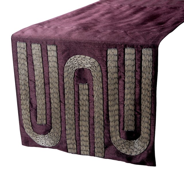 The HomeCentric Decorative Table Runner 16'' x 90'' Deep Purple Silk with Silver Pipe Bead Embroidery