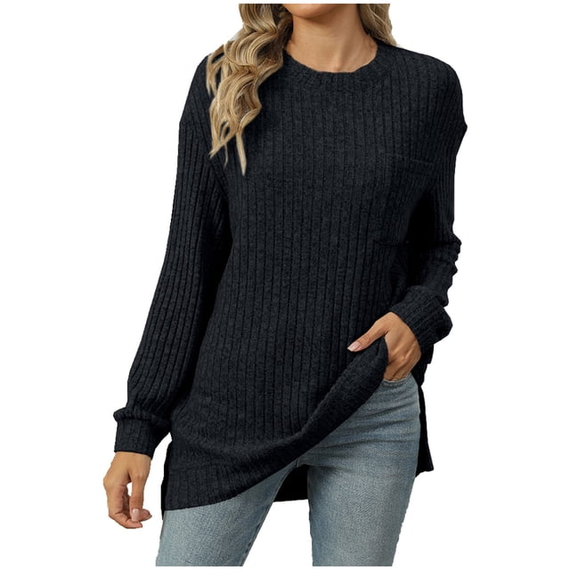 yoeyez Tunique en Tricot pour Femmes, Chandails à Manches Torsadées Patchwork, Col Ras du Cou Raglan, Chemises à Manches Longues, Hauts Mode Automne 2024, Noir, TTG