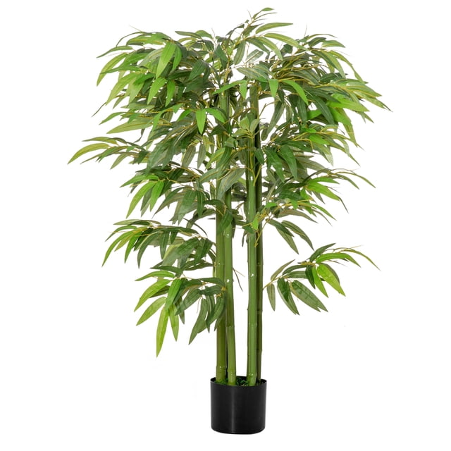 HOMCOM 4.5' Artificial Bamboo Tree Fake Plant in Pot, featuring a realistic design with 780 green leaves and sturdy bamboo stalks. The tree is pre-potted in a black nursery pot with PE moss and cement soil for stability. Ideal for indoor decoration in homes or offices, it requires no maintenance and adds a natural accent to any space.
