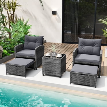 Costway 5 Piece Patio Rattan Furniture with 2 Ottomans & Tempered Glass Coffee Table Gray + Mix Gray
