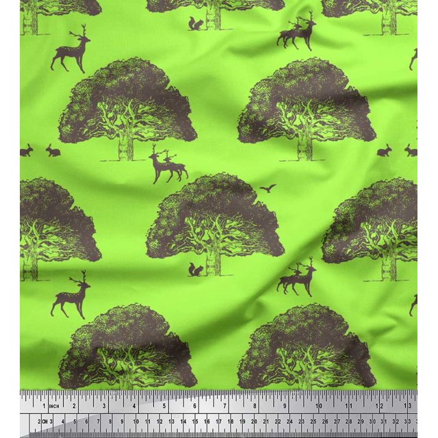Soimoi Silk Fabric Tree,Rabbit & Reindeer Animal Print Fabric by Yard 42 Inch Wide