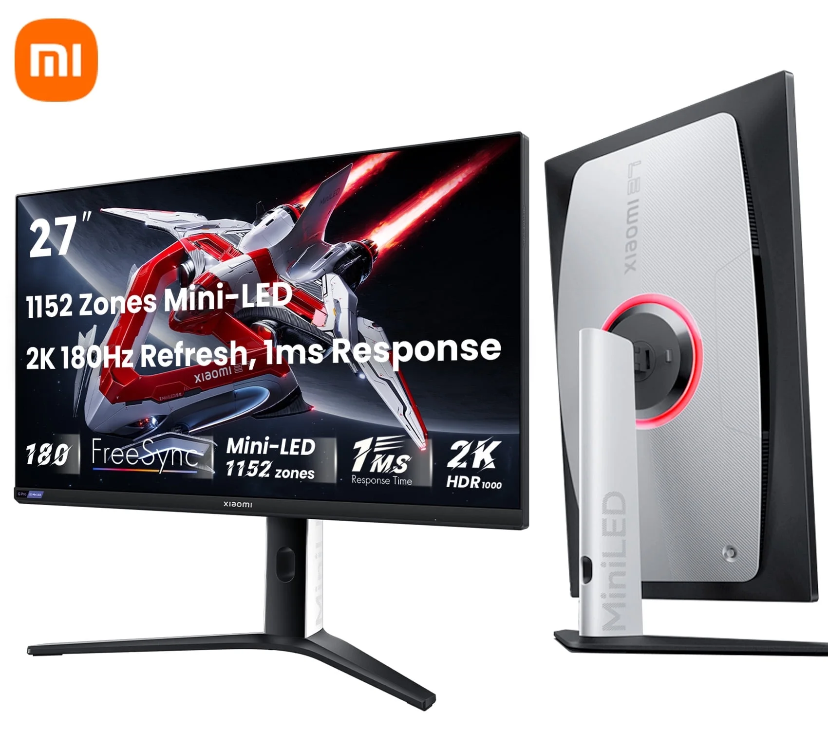 Xiaomi Mini-LED Moniteur de Jeu G Pro 27 Pouces 2K QHD 2560x1440, IPS Rapide, HDR 100, 180Hz 1ms, 99%DCI-P3, AMD Freesync, angle Réglable, 2x HDMI 2.0, 2x DP 1.4, Blanc