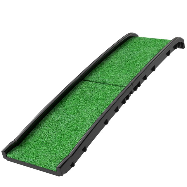 61" Folding Dog Car Ramp with Non-Slip Grass Surface and Raised Side Rails, Portable Pet Ramp for SUVs and High Beds, Black PP Frame, Supports up to 198 lbs for Travel and Home