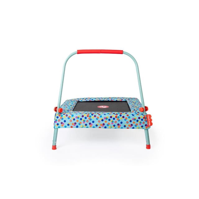 Fisher-Price Junior Kids Trampoline with a light blue painted steel frame and colorful polka dot padded surround. It has a black jumping mat with a red logo, non-slip red rubber feet, and a folding handlebar with red padding for stability and easy storage, suitable for indoor and outdoor use.