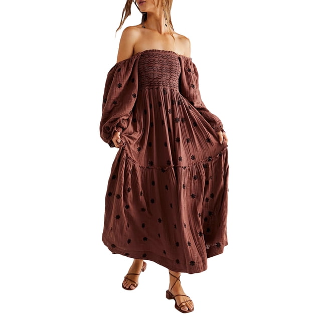 Fortune Robe Bohème pour Femme Décontractée à Manches Bouffantes, Robes Brodées à Fleurs, Robe Midi Fluide à Volants Boho