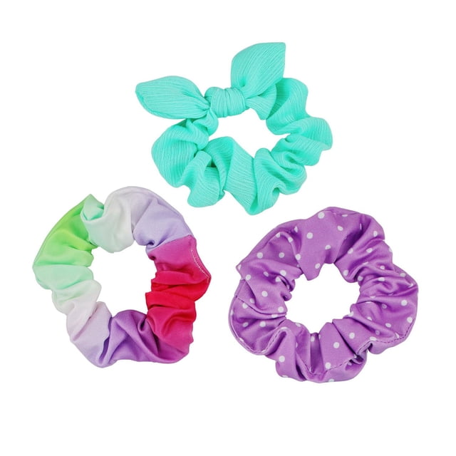 Accessoire pour Cheveux, Lot de 3 Chouchous Incluant un Chouchou Vert Menthe avec Nœud Noué, un Chouchou Multicolore aux Tons Dégradé Vert, Blanc, Violet et Rouge, et un Chouchou Lavande à Pois Blancs, Convient aux Adolescentes et Souvent Utilisé pour Attraper des Queues de Cheval Ou comme Accessoires de Poignet.