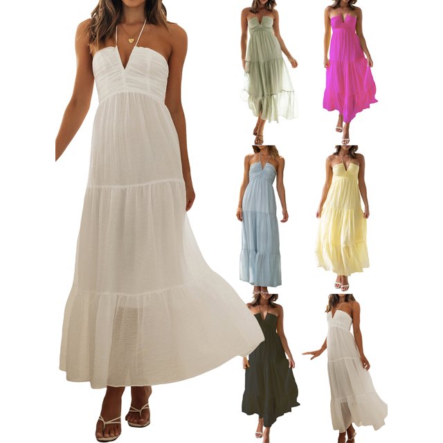 SUNSIOM Robe Longue d'Été Sans Manches à Col Halter avec Nœud, Dos Nu, Ourlet à Volants, Fluide
